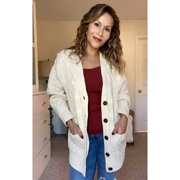 Long Sleeve Cable Knit Cardigan with Pockets, Loose Fit, 100% Acrylic - Picture 8 of 8